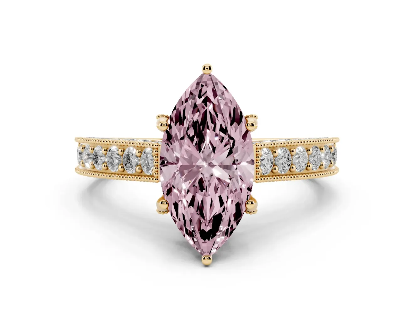 Marquise Hidden Halo Engagement Ring Setting for a Fancy Pink Lab-Grown Diamond | Milgrain Pave | Yellow Gold