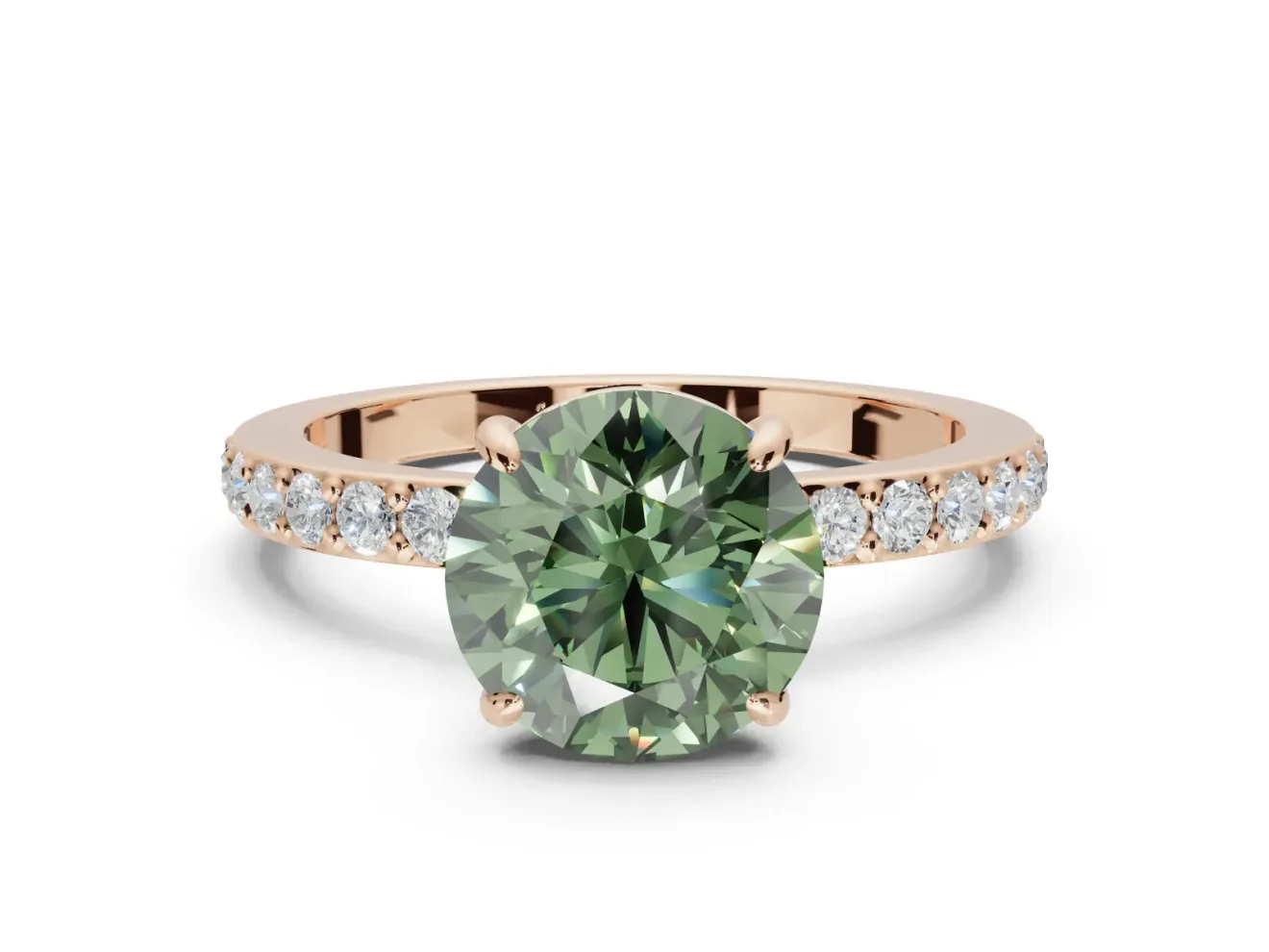 Round Hidden Halo Engagement Ring Setting for a Fancy Green Lab-Grown Diamond | Pavé Band | Rose Gold