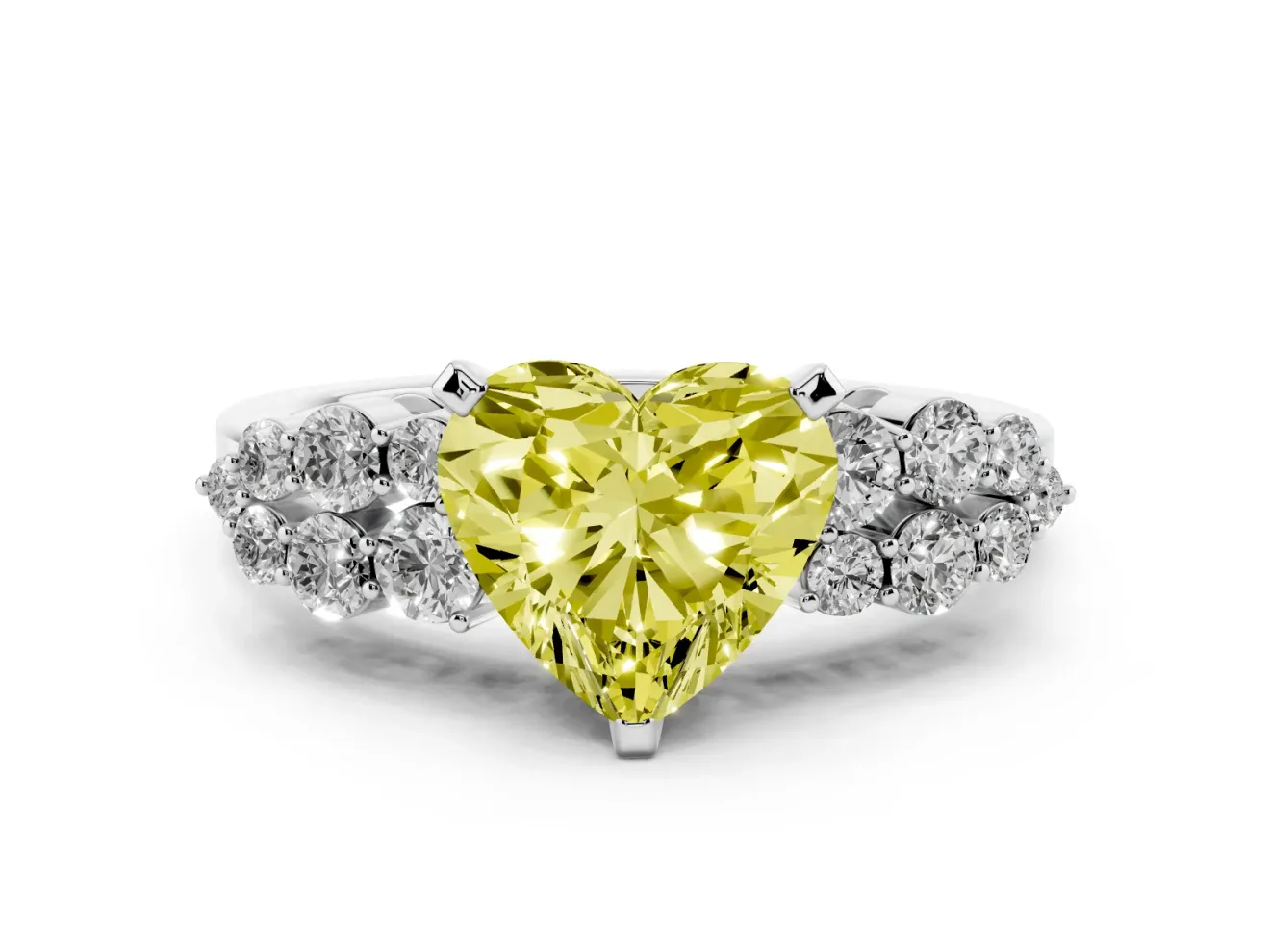 Heart-Shaped Side Stone Engagement Ring Setting for a Fancy Yellow Lab-Grown Diamond | Shoulder Clusters | Platinum