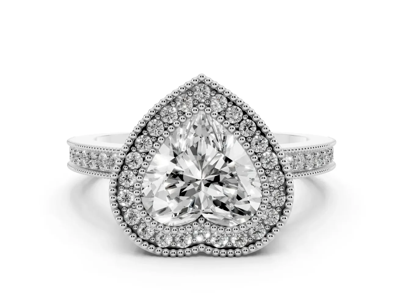 Heart Cut Diamond Round Halo Ring Set in Platinum with Pavé Band