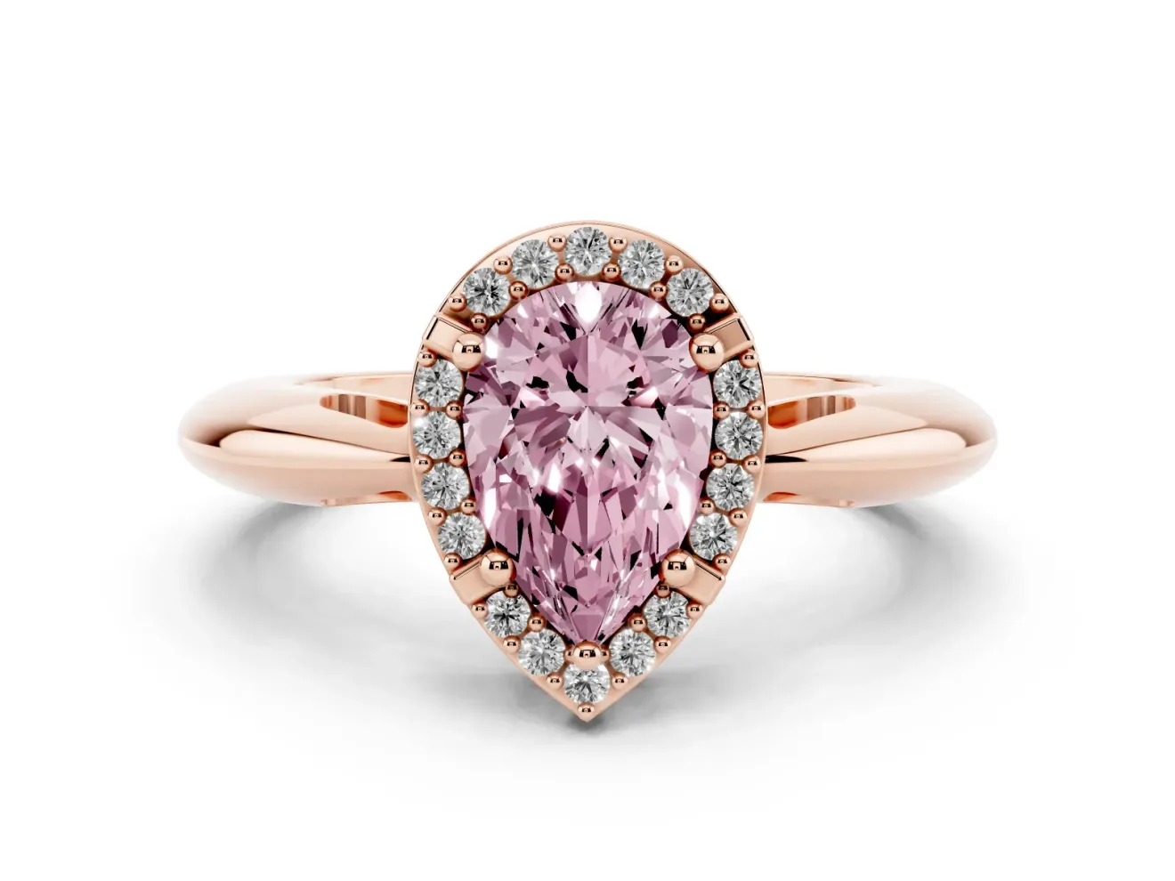 Fancy Pink Pear Cut Diamond Halo Engagement Ring Set in Rose gold with Plain Split Shank and Prong Setting