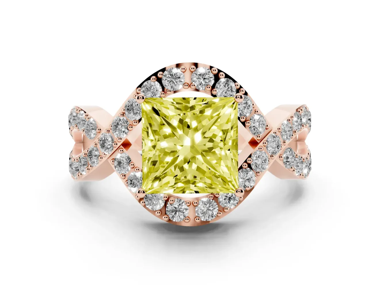 Fancy Yellow Princess Cut Diamond Solitaire Twist Band Pavé Engagement Ring Set in Rose gold