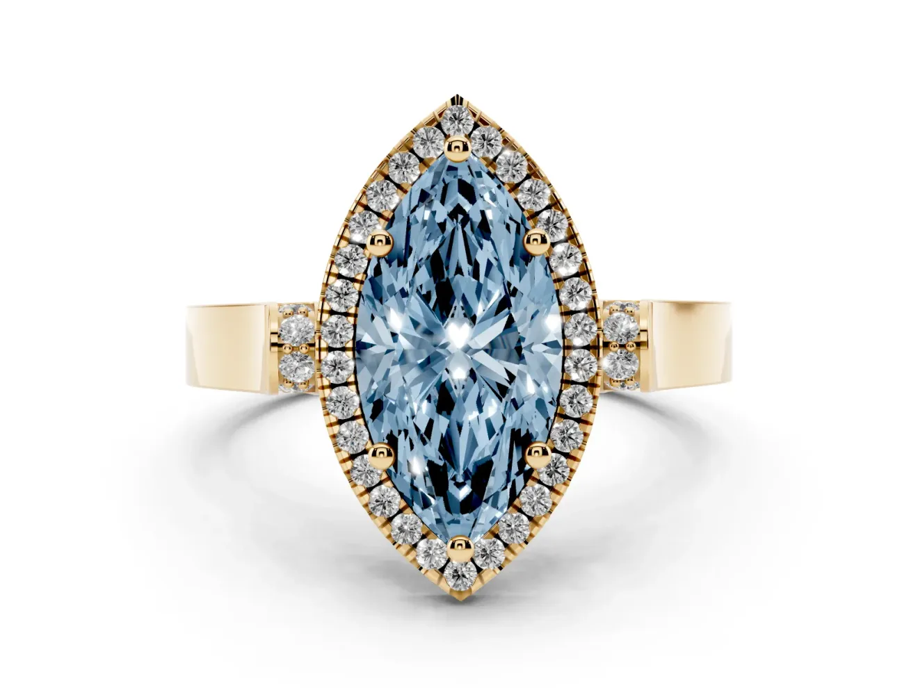 Fancy Blue Marquise Cut Diamond Halo Ring Set in Yellow gold with Pavé-Lined Split Shank Band