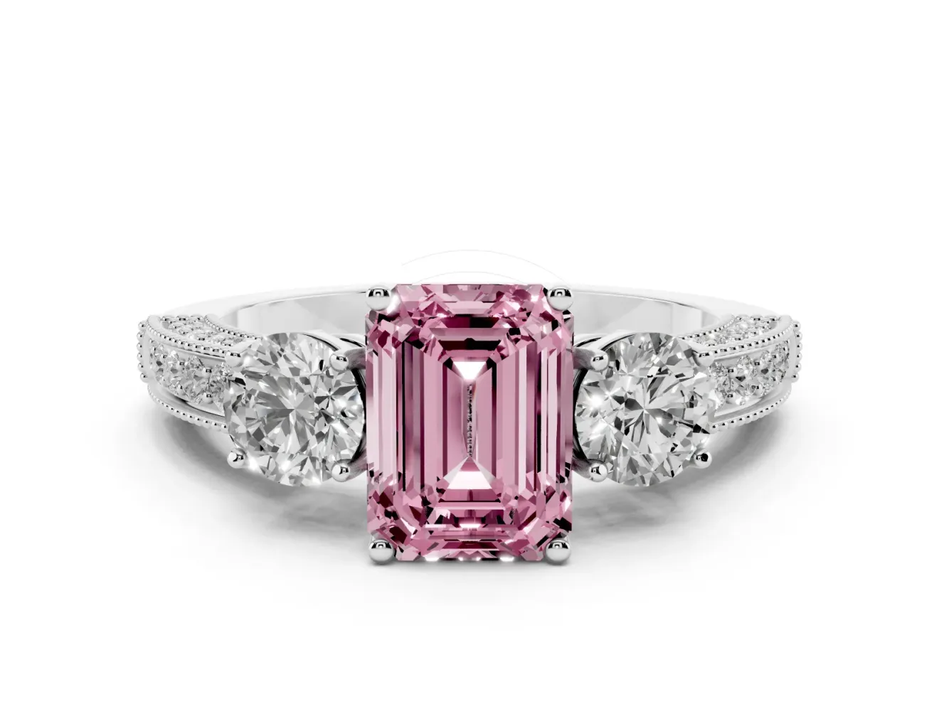 Fancy Pink Emerald Cut Diamond Three-Stone Ring Set in White gold with Round Side Stones and Pavé Band