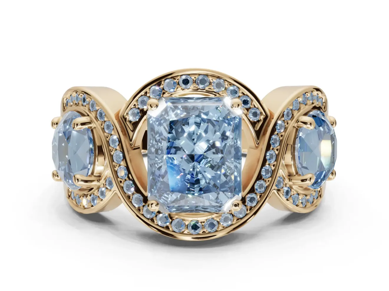 Radiant Cut Three Stone Halo Engagement Ring Setting for a Fancy Blue Lab-Grown Diamond | Pavé Wave Band | Yellow Gold