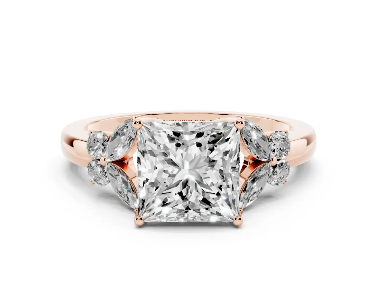 Princess Cut Diamond Solitaire Floral Ring Set in Rose gold with Marquise Petals and Prong Setting