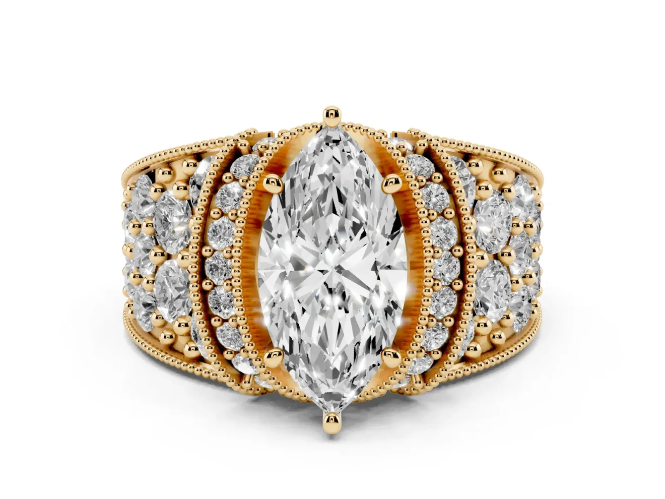 Marquise Vintage Milgrain Pave Engagement Ring Setting | Crescent Side Rows | Yellow Gold