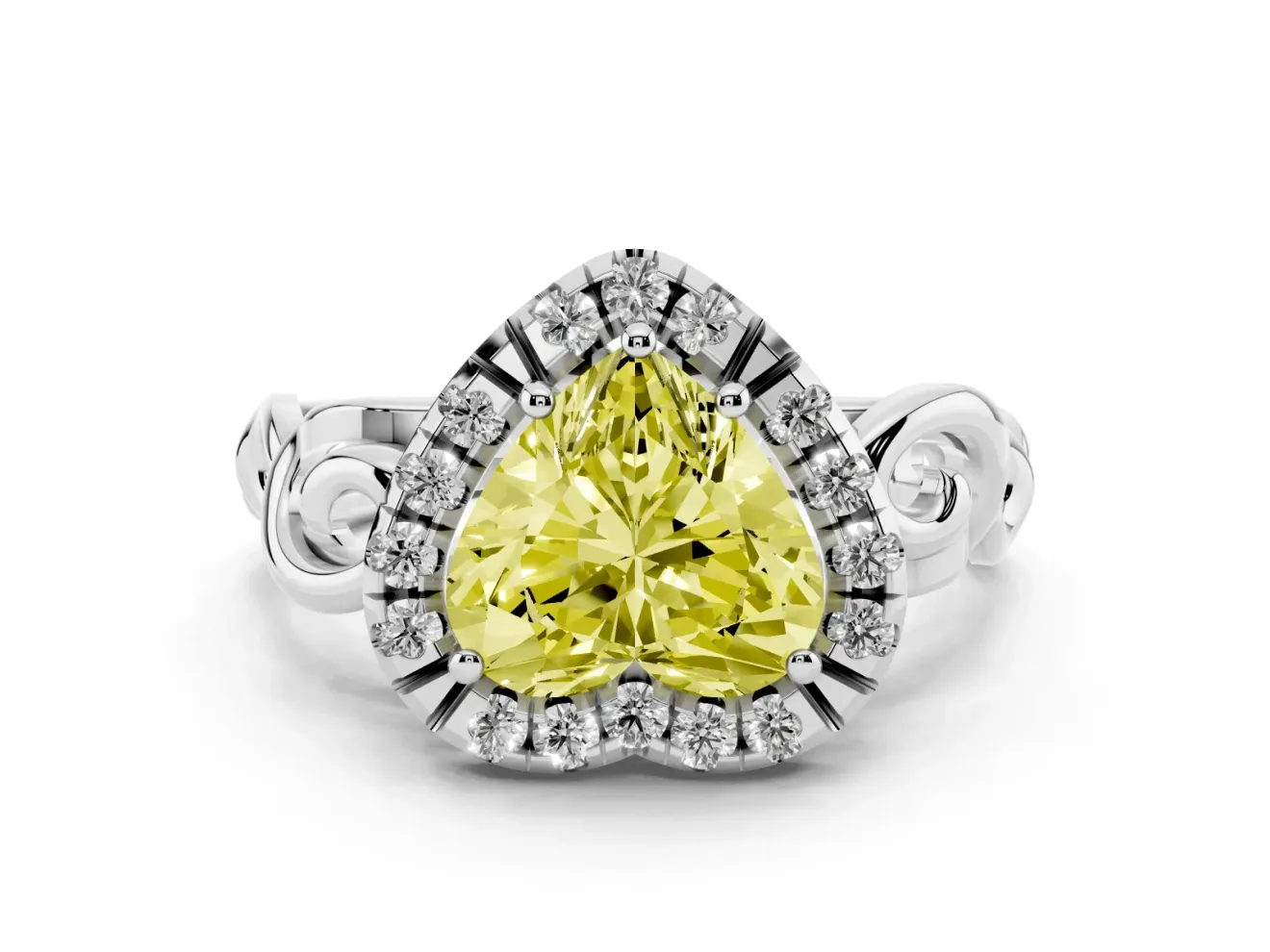 Fancy Yellow Heart Cut Diamond Halo Ring Set in White gold with Scrollwork Band and Prong Setting