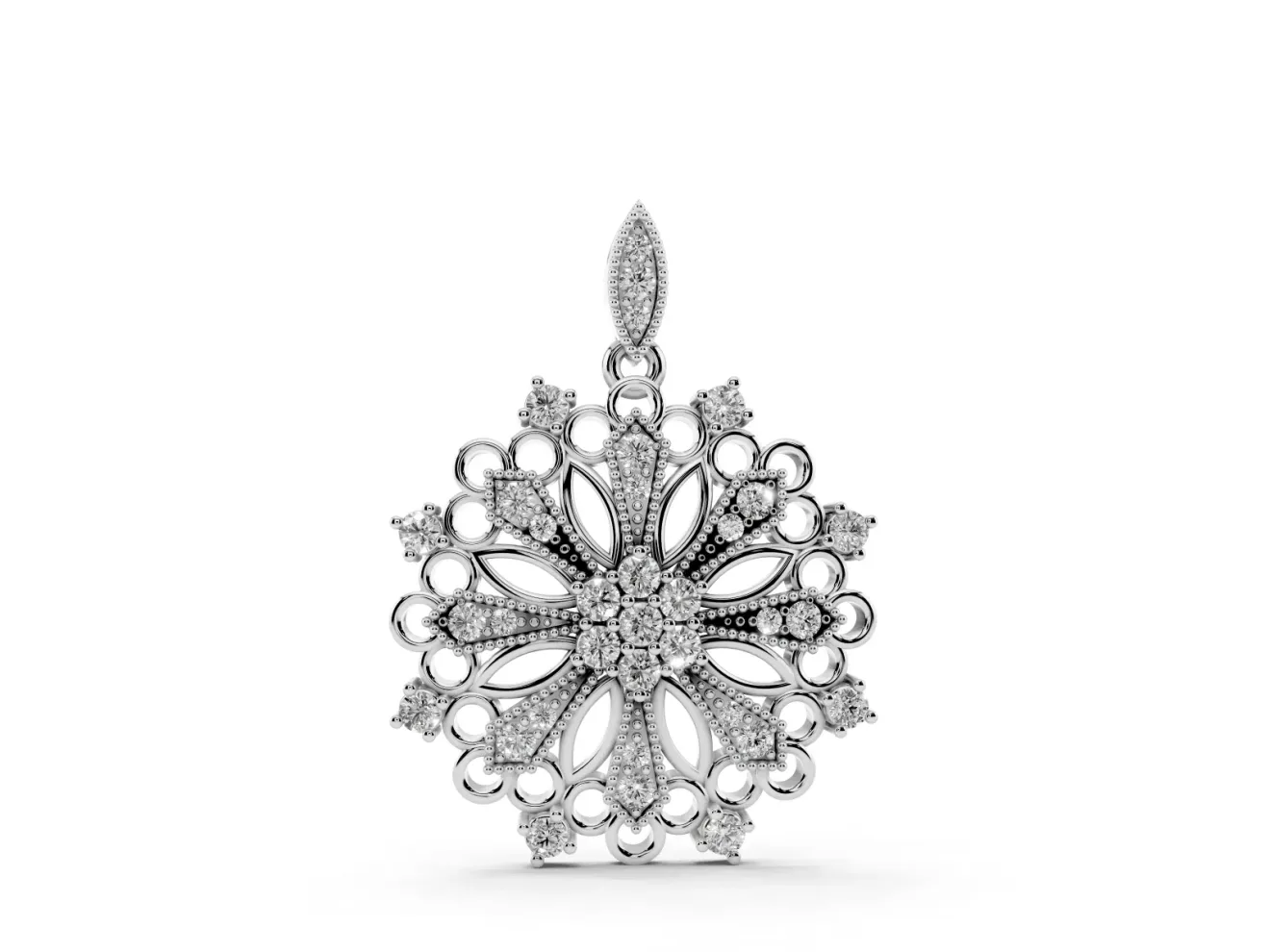 Round Lab-Grown Diamond Cluster Floral Pendant Necklace | Openwork Medallion | Sterling Silver