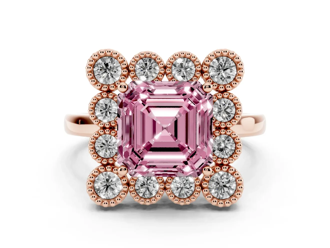 Asscher Cut Milgrain Cluster Halo Engagement Ring Setting for a Fancy Pink Lab-Grown Diamond | Plain Band | Rose Gold