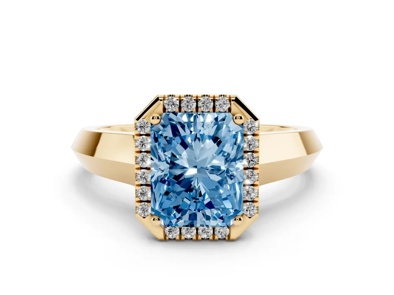 Fancy Blue Radiant Cut Diamond Halo Ring Set in Yellow gold with Cathedral Band and Prong Setting