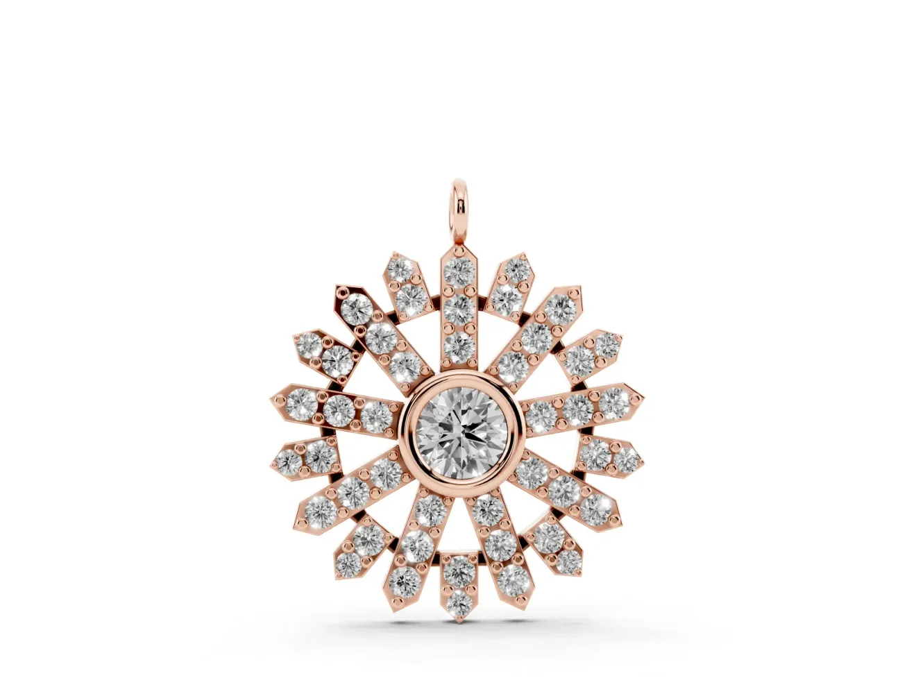 Round Lab-Grown Diamond Bezel Snowflake Pendant Necklace | Pavé Arms | Rose Gold