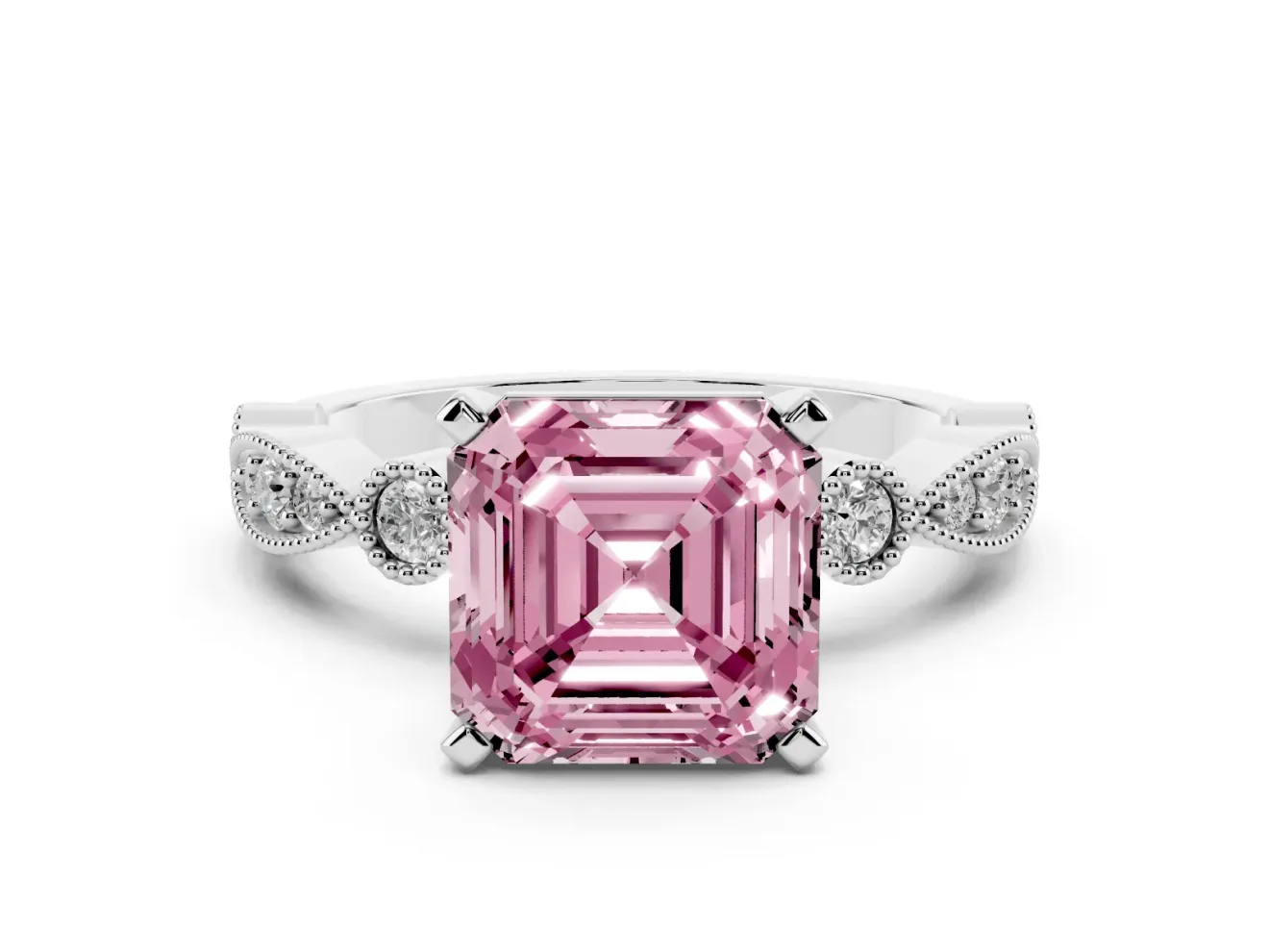 Fancy Pink Asscher Cut Diamond Solitaire Engagement Ring Set in White gold with Milgrain Bezel Accent Band
