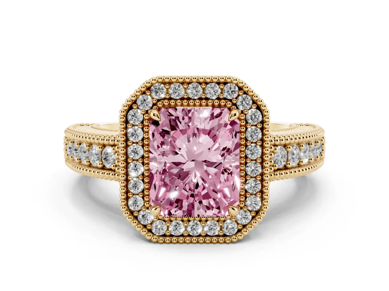 Fancy Pink Radiant Cut Diamond Halo Ring Set in Yellow gold with Round Accent Halo, Pavé Band and Prong Setting