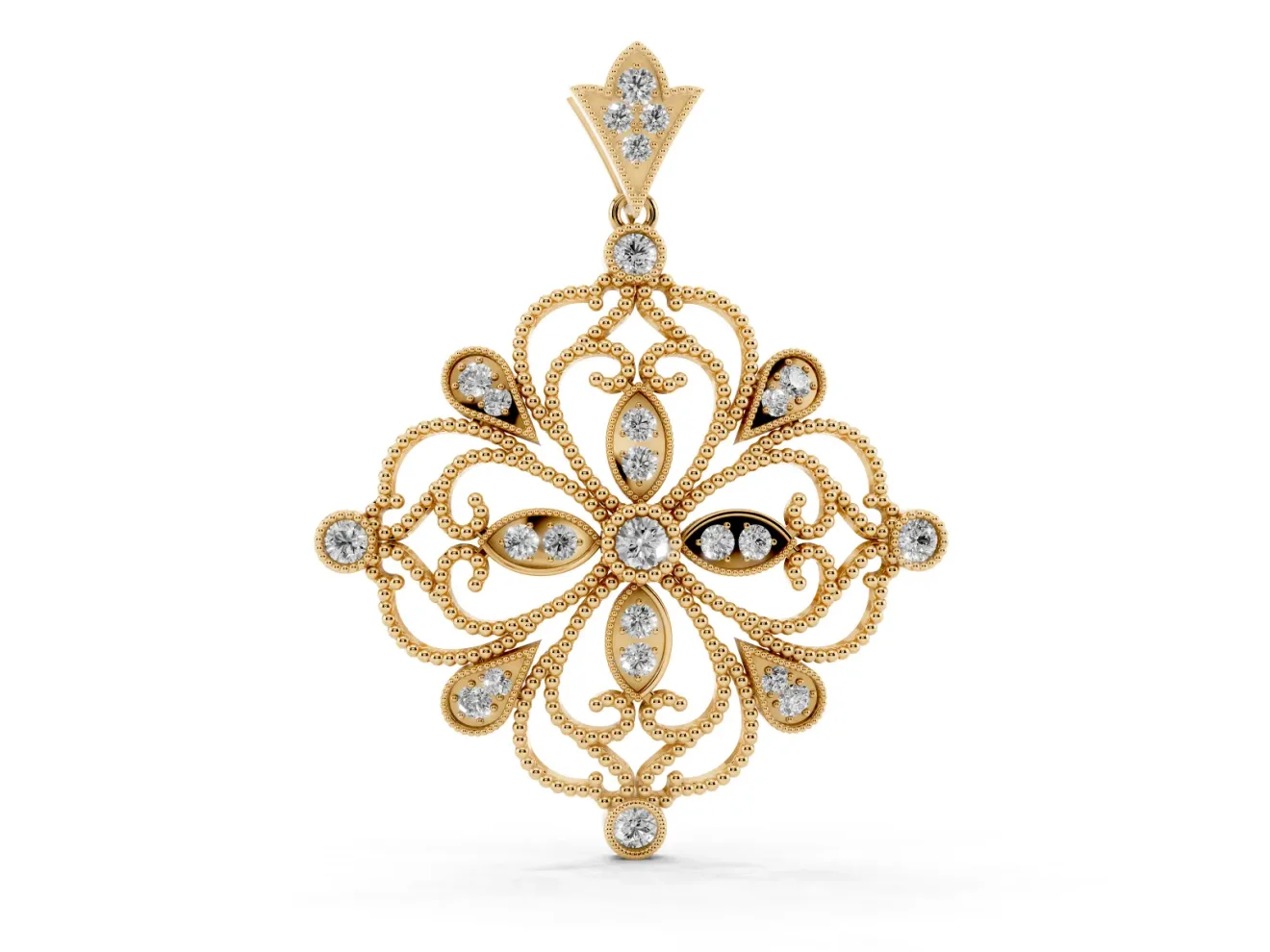 Round Lab-Grown Diamond Vintage Floral Scrollwork Pendant Necklace | Milgrain Edges | Yellow Gold
