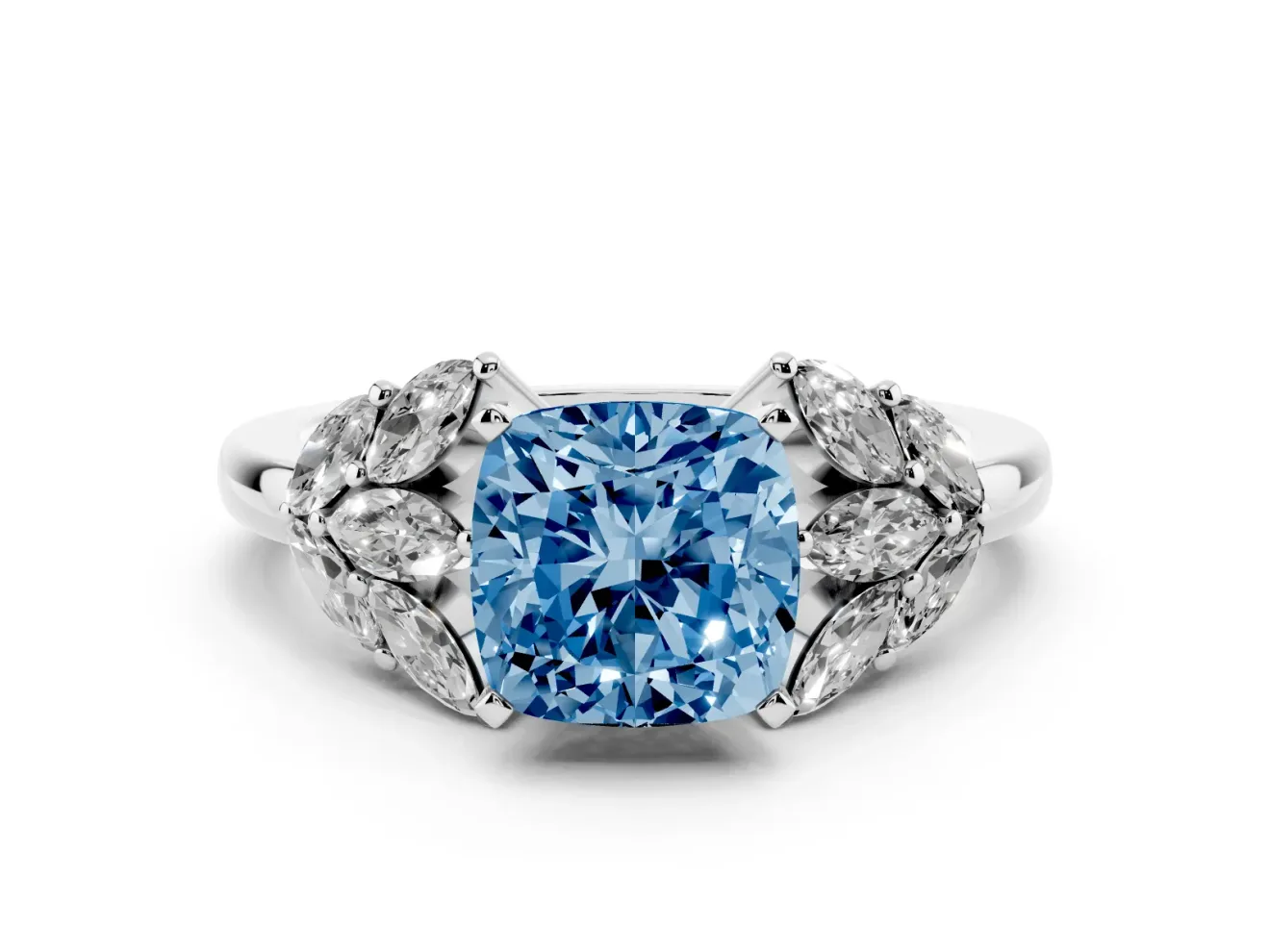 Cushion Cut Leaf Engagement Ring Setting for a Fancy Blue Lab-Grown Diamond | Sterling Silver