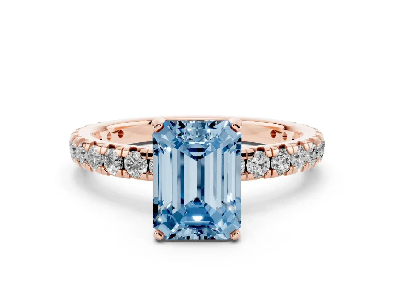 Fancy Blue Emerald Cut Diamond Pavé Solitaire Ring Set in Rose gold with Round Band and Prong Setting