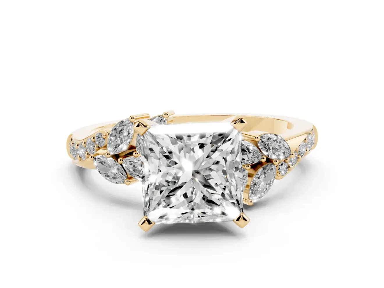 Princess Cut Diamond Solitaire Ring Set in Yellow gold with Marquise Twist Band and Prong Setting