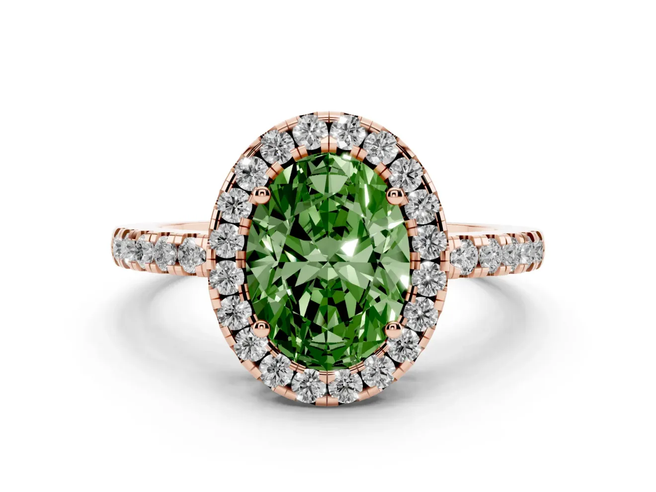Fancy Green Oval Cut Diamond Pavé Band Halo Engagement Ring Set in Rose gold with Prong Setting