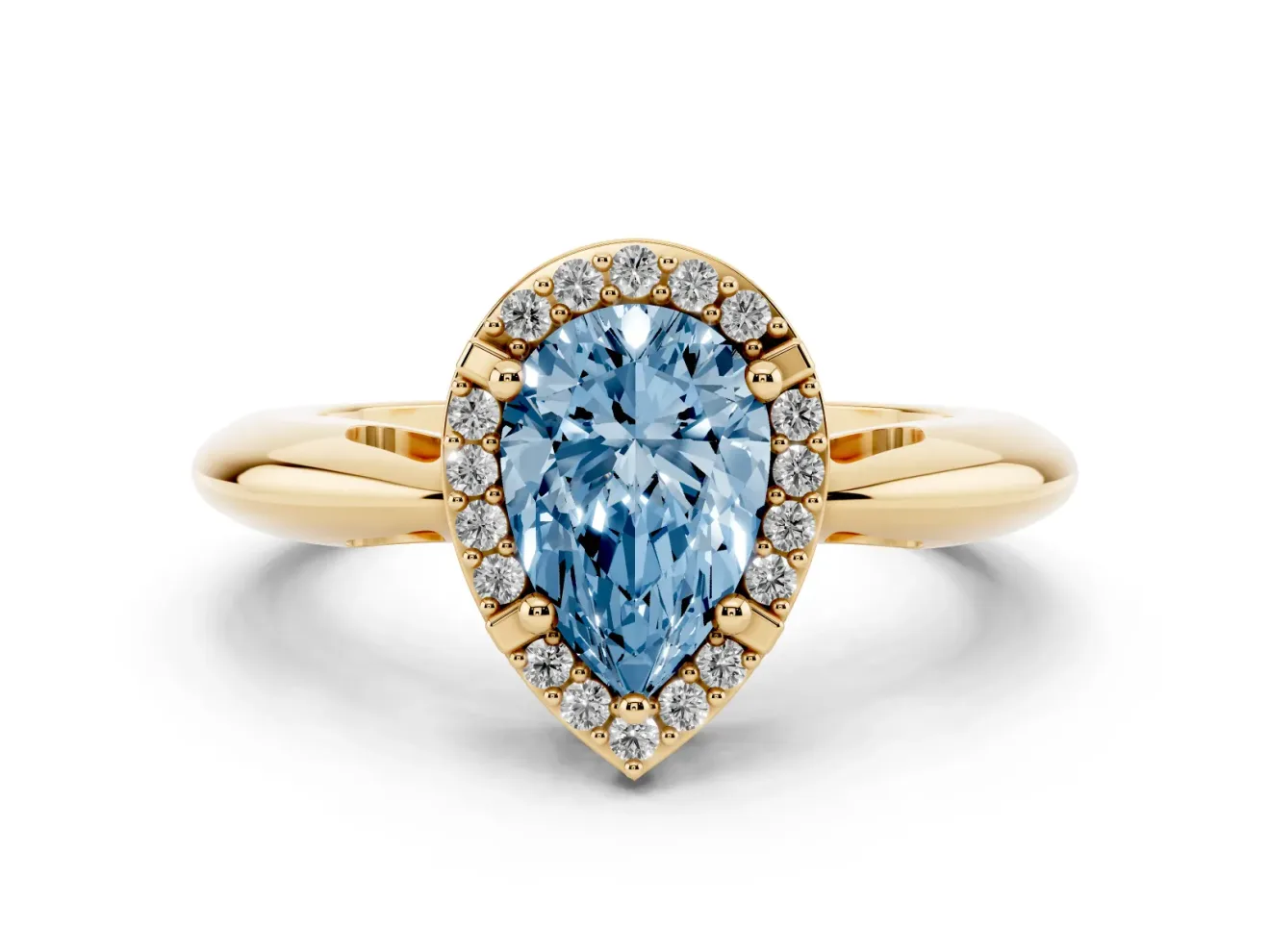 Fancy Blue Pear Cut Diamond Halo Engagement Ring Set in Yellow gold with Plain Split Shank and Prong Setting