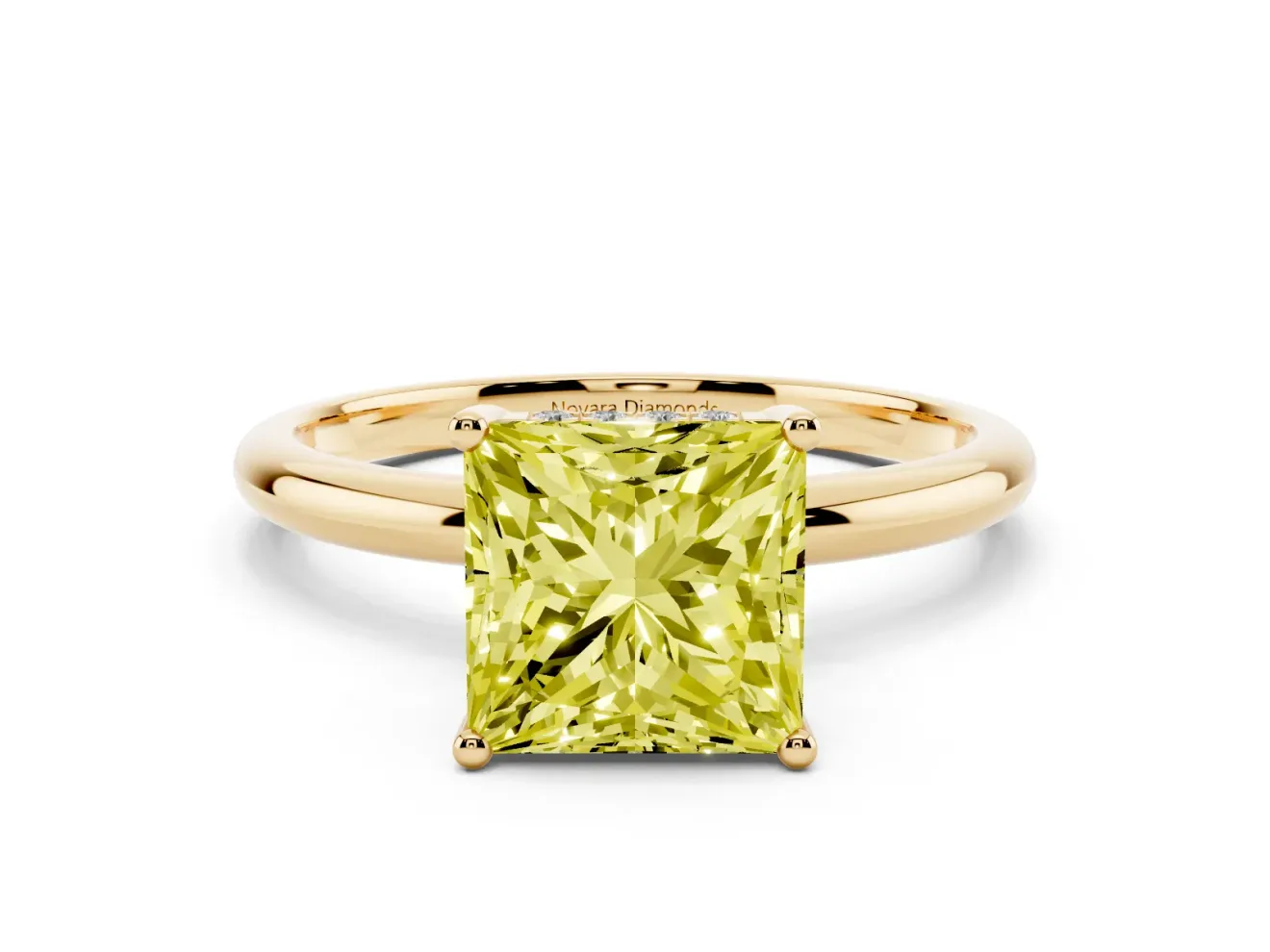 Fancy Yellow Princess Cut Diamond Solitaire Engagement Ring Set in Yellow gold with Prong Setting and Polished Band