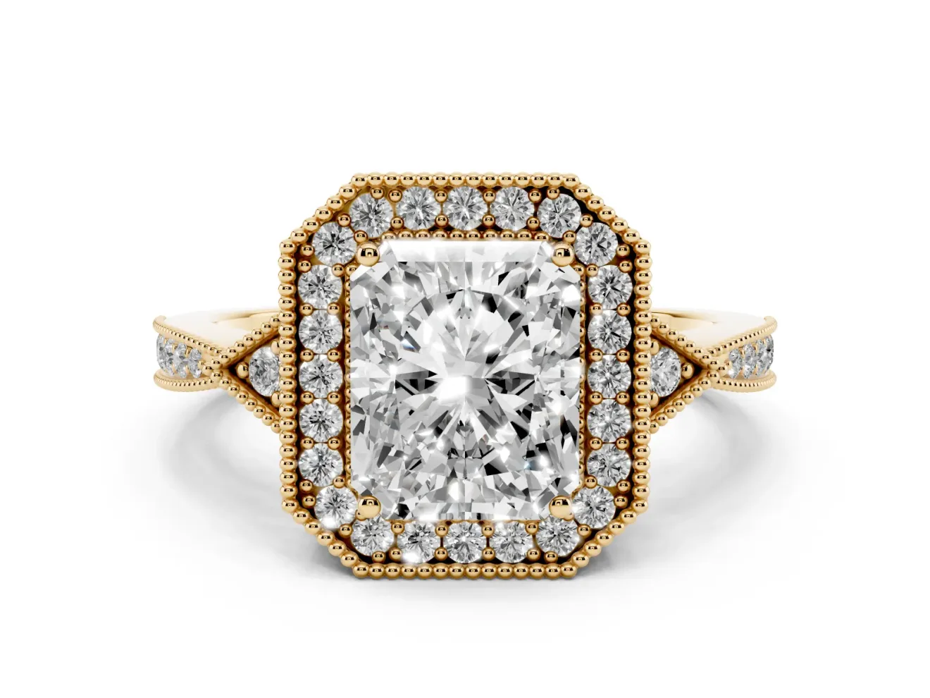 Radiant Cut Diamond Halo Engagement Ring Set in Yellow gold with Milgrain Pavé Band