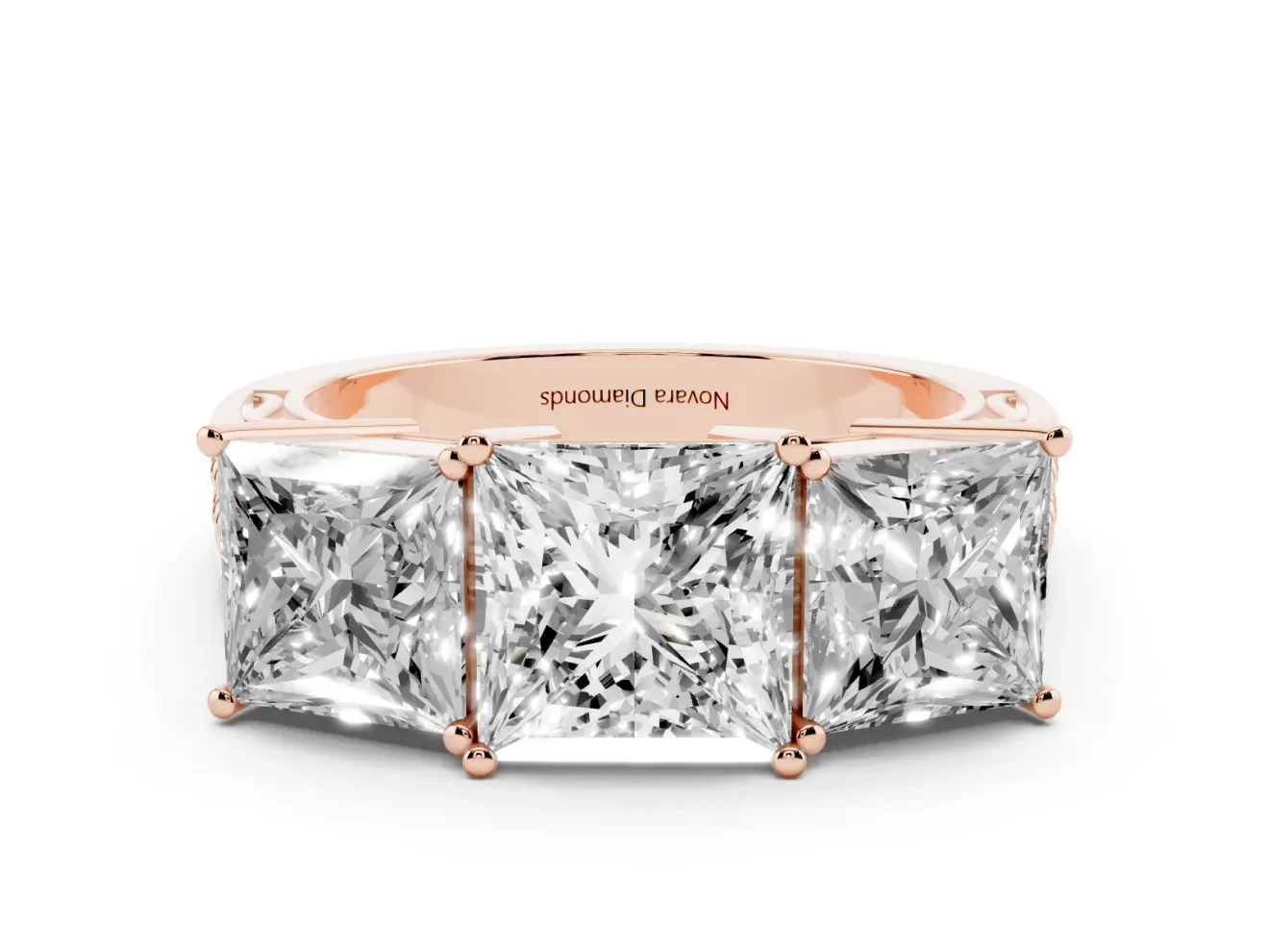 Princess Cut Three Stone Engagement Ring Setting | Beaded Shoulders | Rose Gold