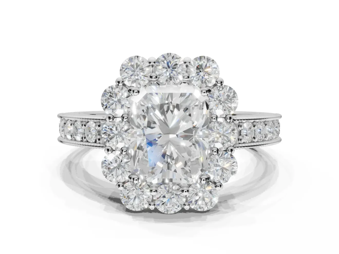 Radiant Cut Vintage Halo Engagement Ring Setting | Milgrain Channel Band | Platinum