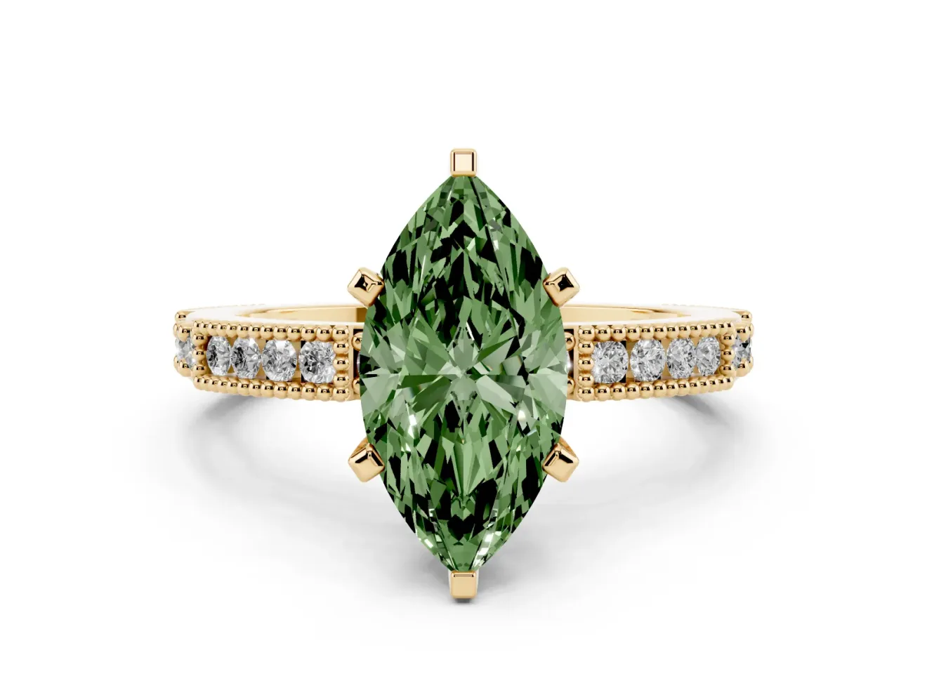 Fancy Green Marquise Cut Diamond Solitaire Ring Set in Yellow gold with Slim Pavé Band and Prong Setting