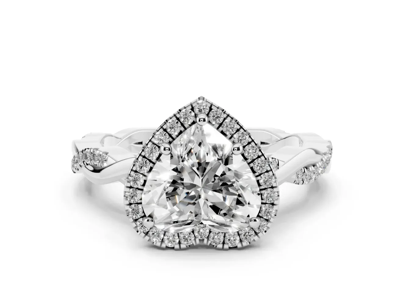 Heart Cut Diamond Halo Twisted Band Ring Set in Platinum with Prong Setting