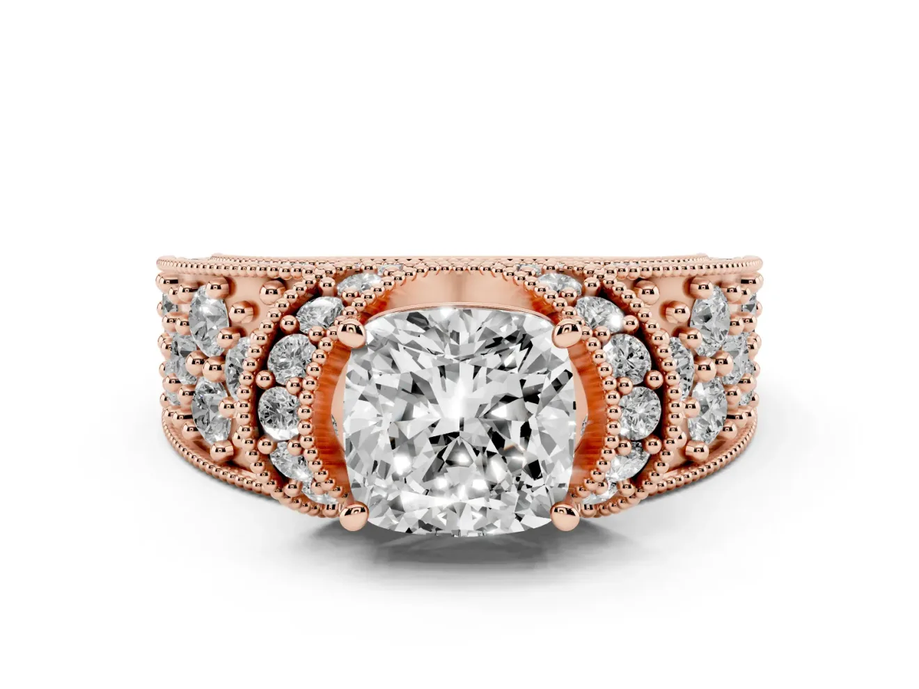 Cushion Cut Vintage Milgrain Pave Engagement Ring Setting | Crescent Side Rows | Rose Gold