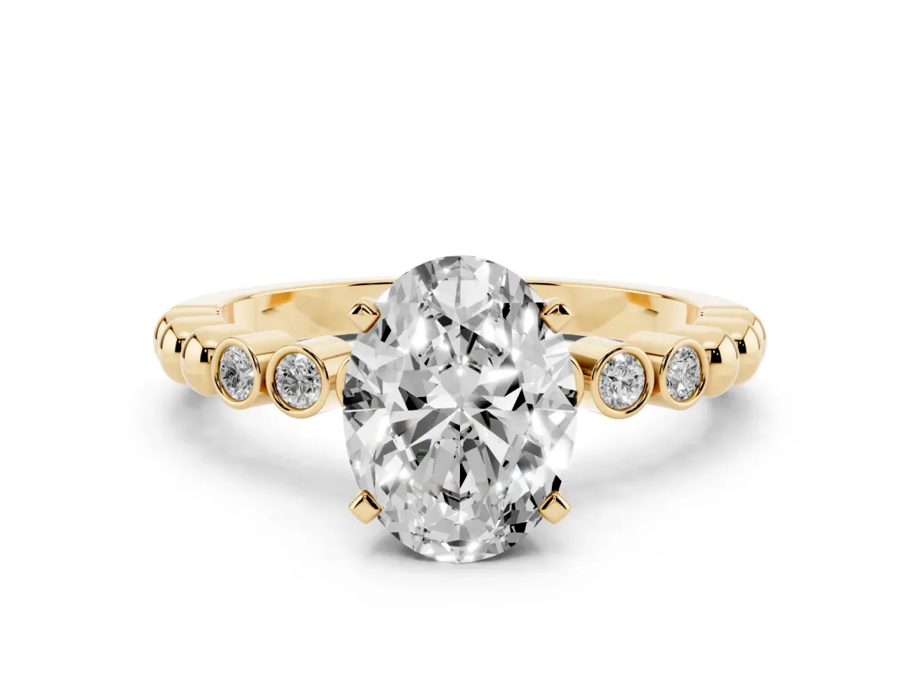 Oval Beaded Solitaire Engagement Ring Setting | Bezel Accents | Yellow Gold