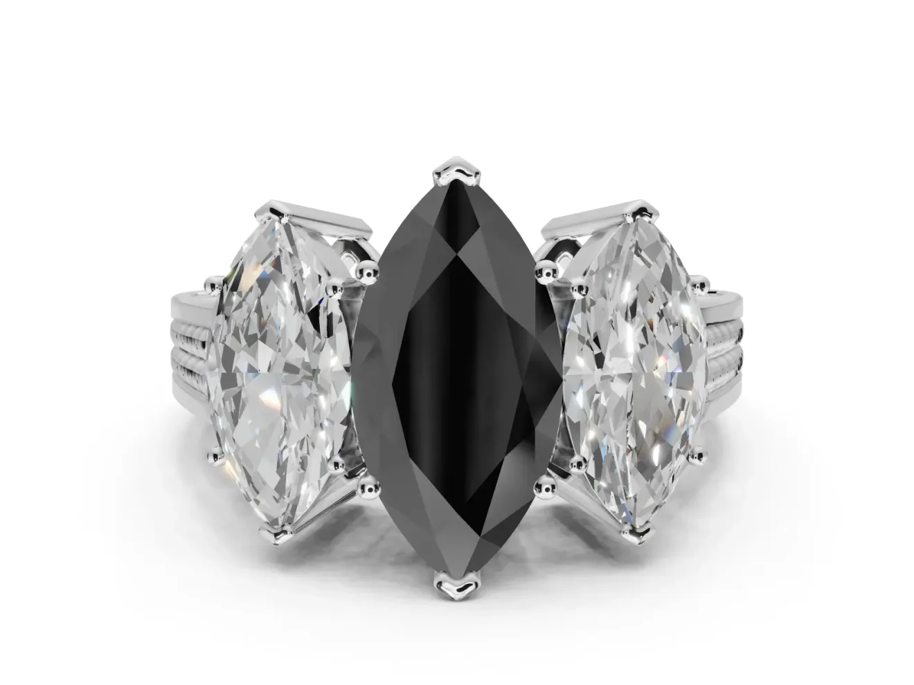 Fancy Black Marquise Lab-Grown Diamond Three-Stone Ring Set in White Gold with Textured Band