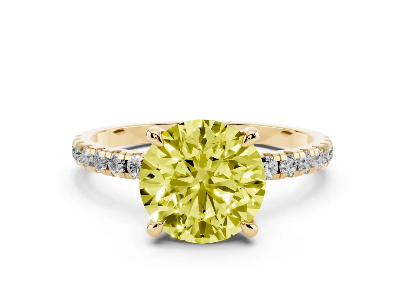 Fancy Yellow Round Cut Diamond Brilliant Solitaire Ring Set in Yellow gold with Pavé Band and Prong Setting