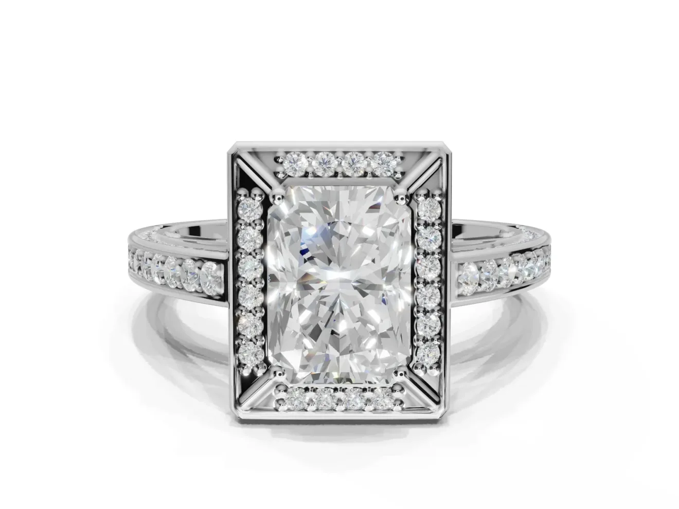 Radiant Cut Sectioned Halo Engagement Ring Setting | Pavé Gallery and Band | Sterling Silver