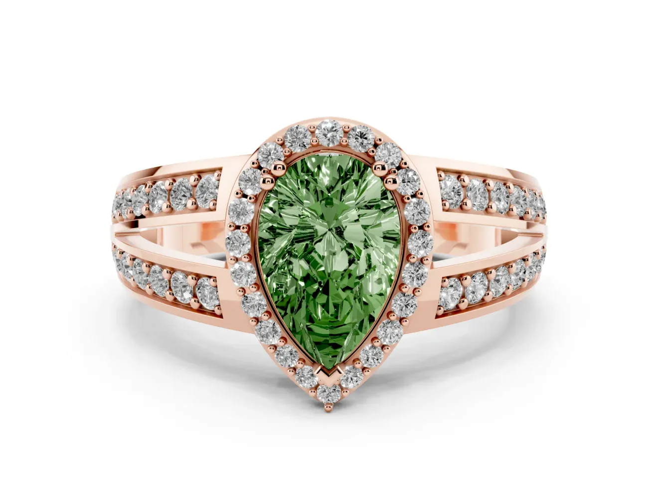 Pear-Shaped Halo Engagement Ring Setting for a Fancy Green Lab-Grown Diamond | Two-Row Pave Split Shank | Rose Gold