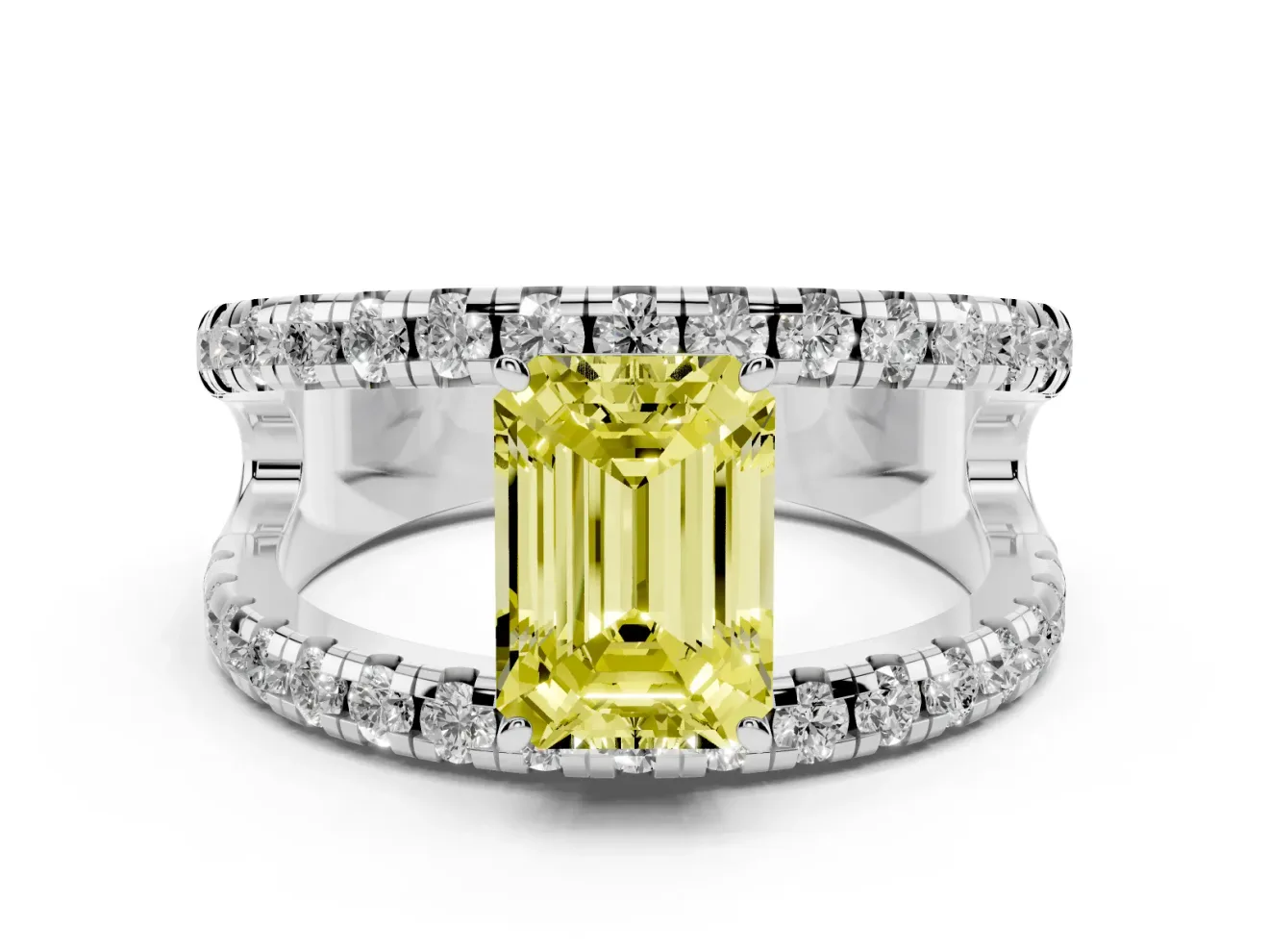 Emerald Cut Split Shank Pavé Engagement Ring Setting for a Fancy Yellow Lab-Grown Diamond | Platinum