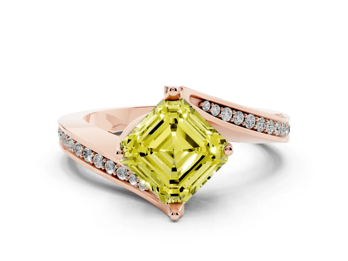 Fancy Yellow Asscher Cut Diamond Solitaire Ring Set in Rose gold with Intertwined Pavé Twist Band