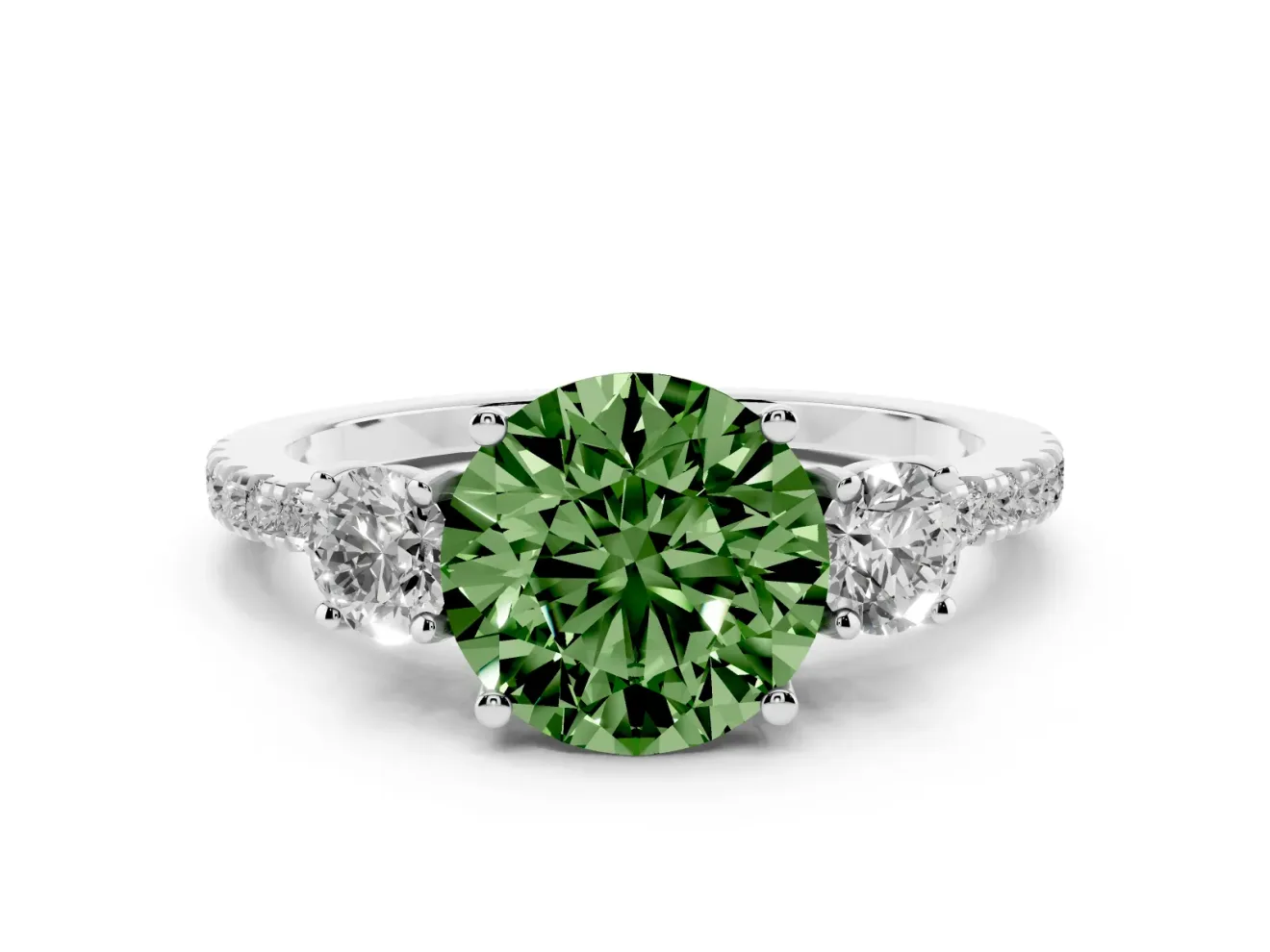 Fancy Green Round Cut Diamond Three-Stone Ring Set in White gold with Pavé Band and Graduated Sides