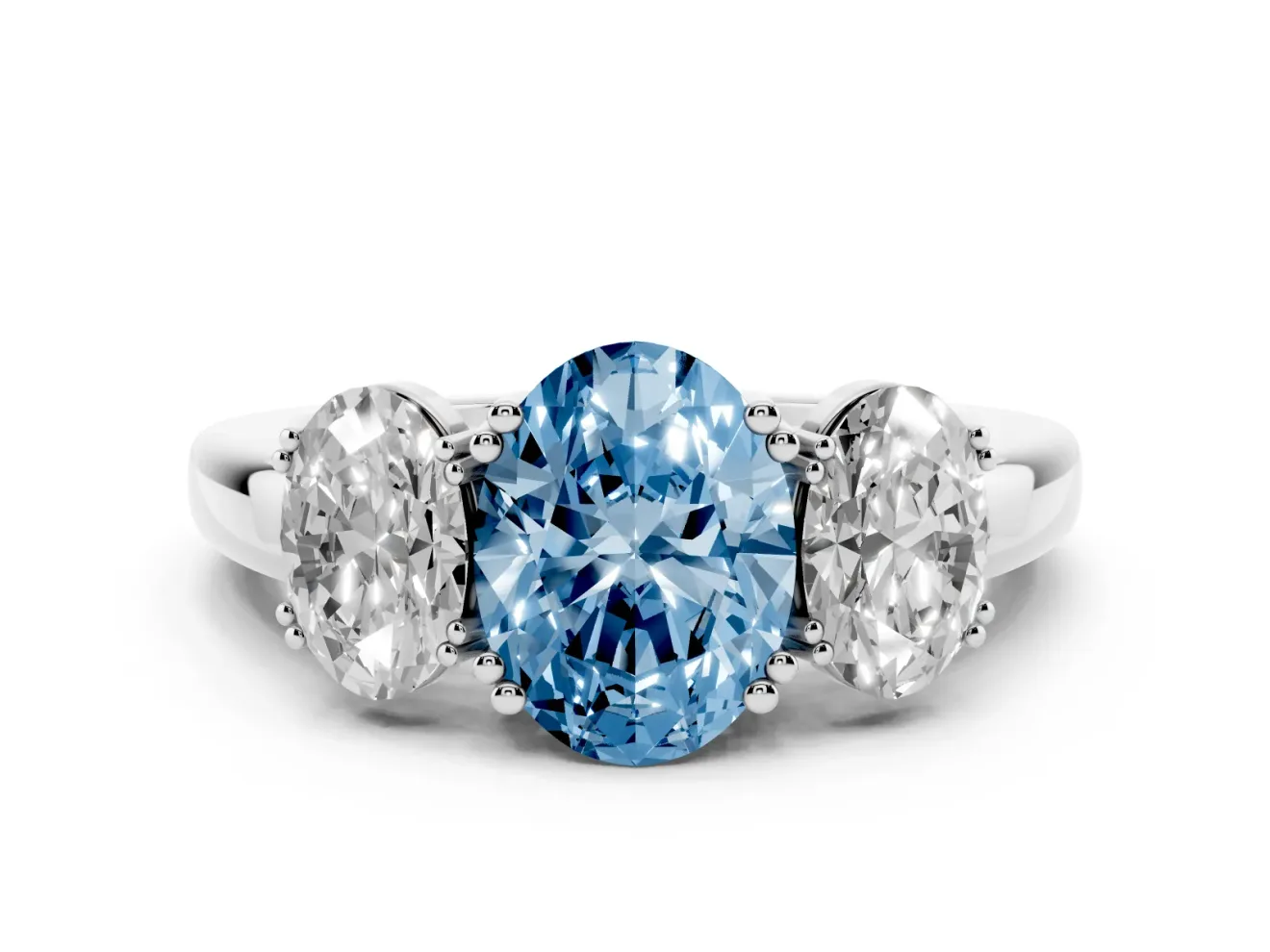Fancy Blue Oval Cut Diamond Three-Stone Ring Set in Platinum with Polished Band and Prong Setting