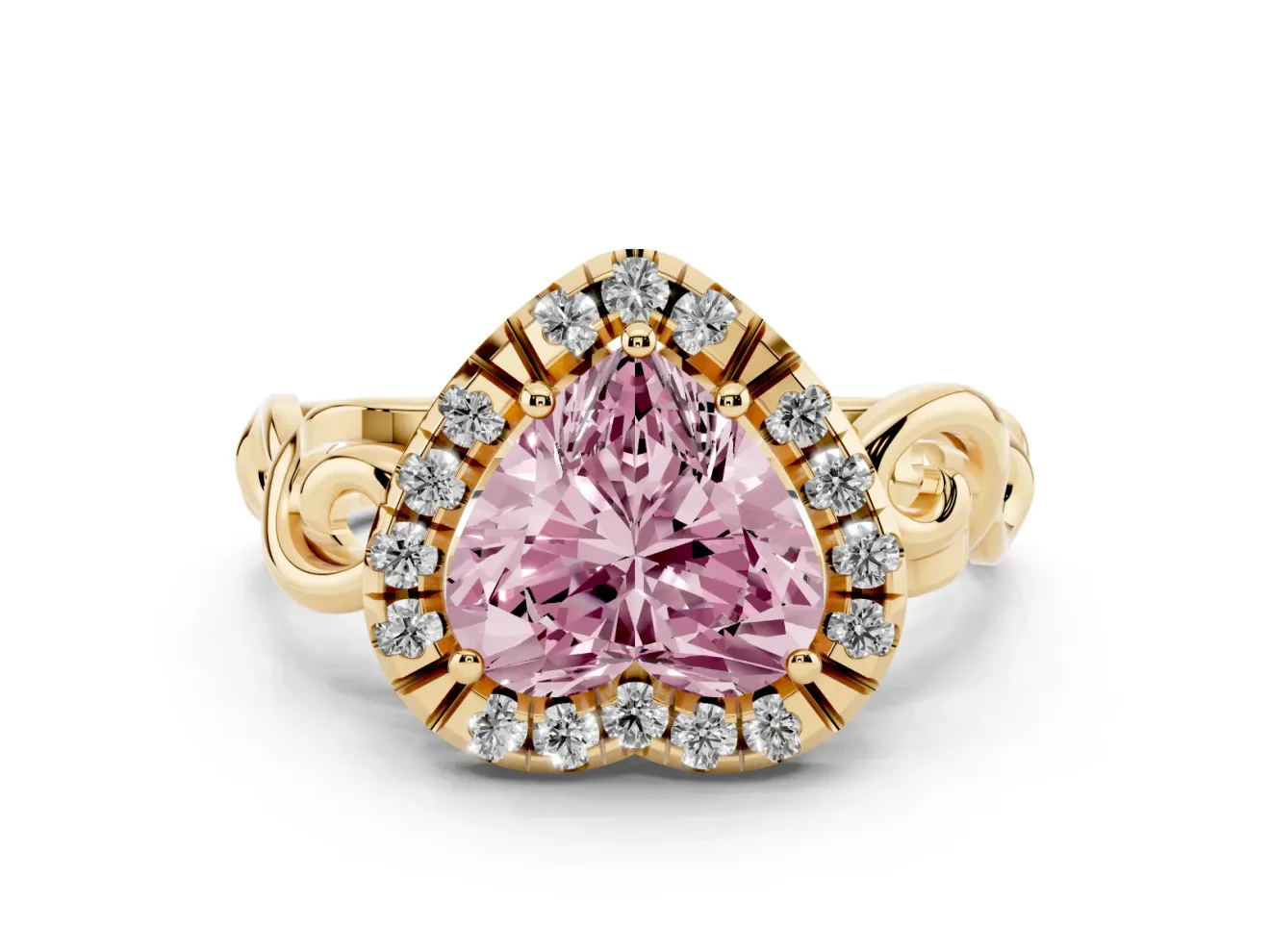 Fancy Pink Heart Cut Diamond Halo Ring Set in Yellow gold with Scrollwork Band and Prong Setting