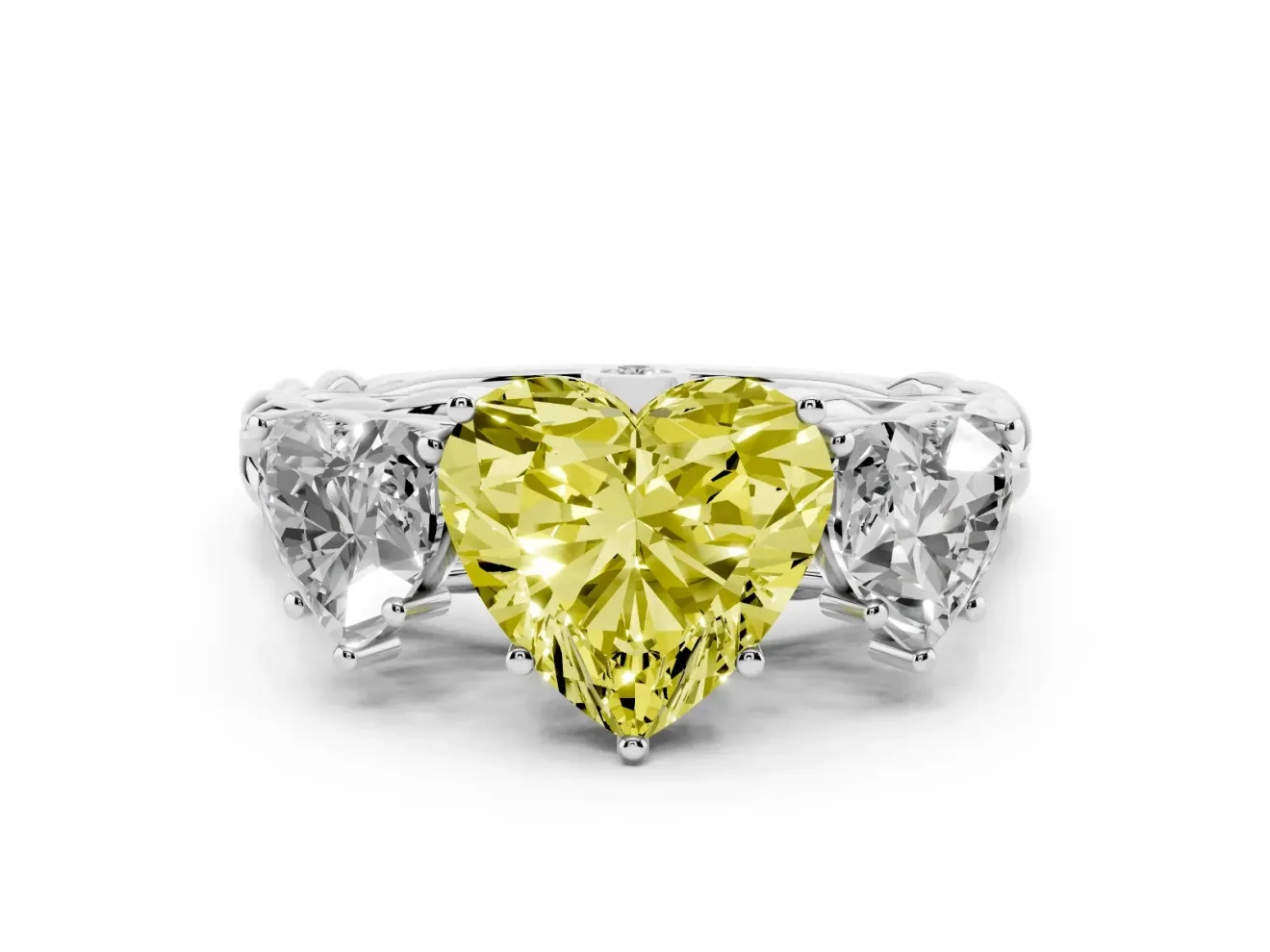 Heart-Shaped Three Stone Engagement Ring Setting for a Fancy Yellow Lab-Grown Diamond | Braided Band | White Gold