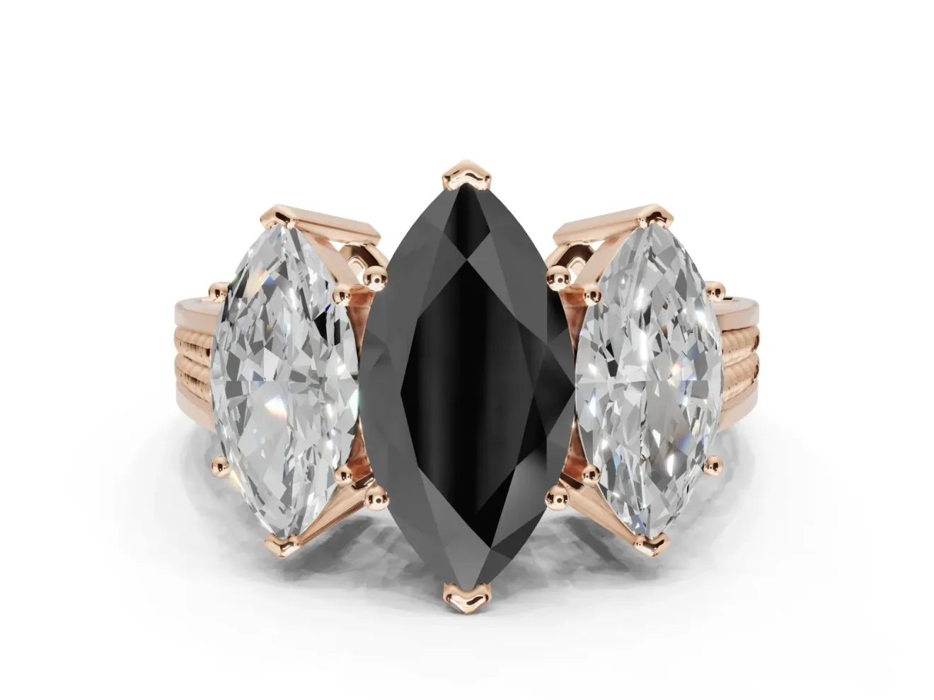 Fancy Black Marquise Lab-Grown Diamond Three-Stone Ring Set in Rose Gold with Textured Band