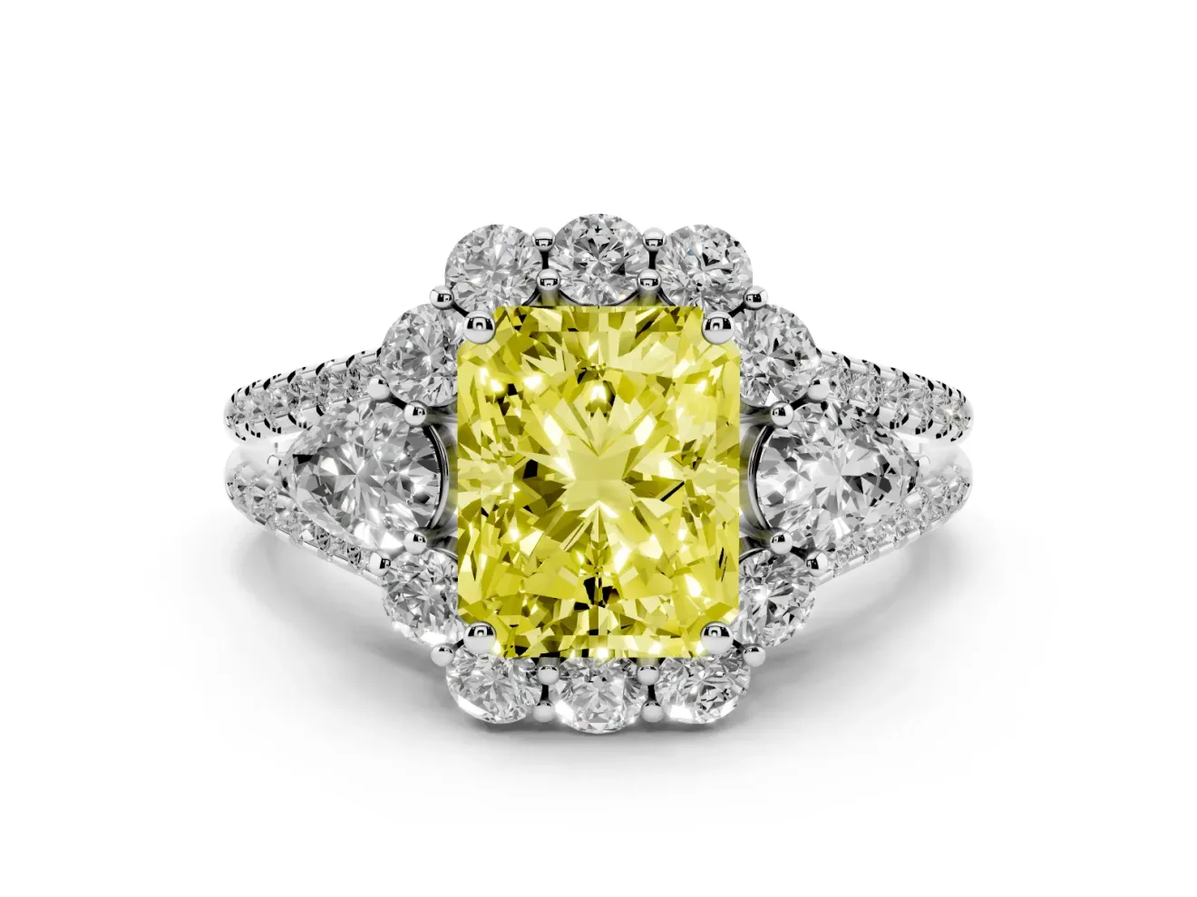 Fancy Yellow Radiant Cut Diamond Halo Split Shank Engagement Ring Set in Silver with Prong-Held Center Stone