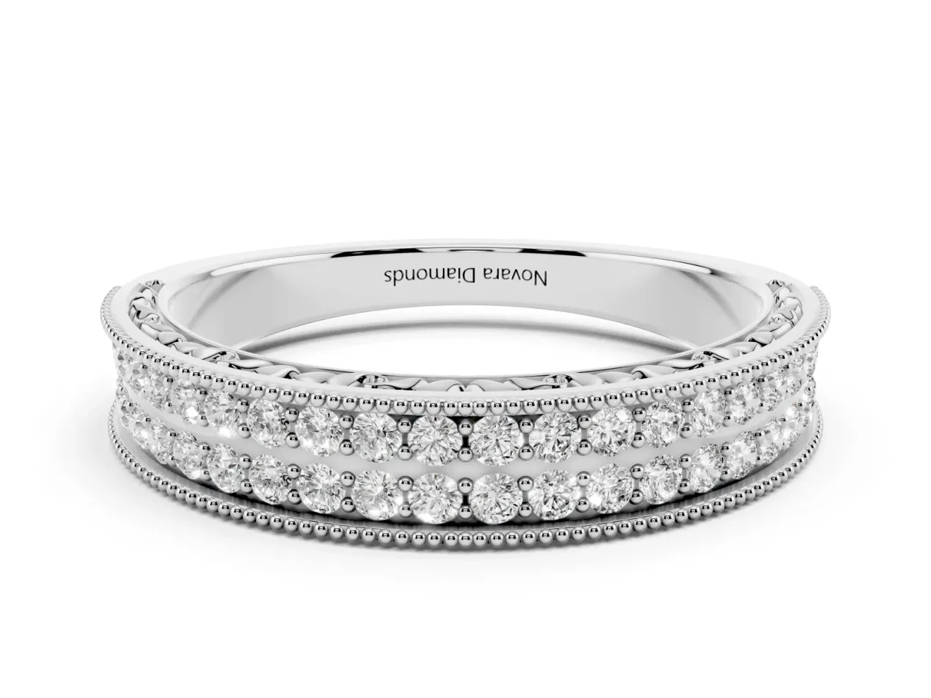 Round Lab-Grown Diamond Vintage Double Row Half Eternity Band | Milgrain Edges | White Gold