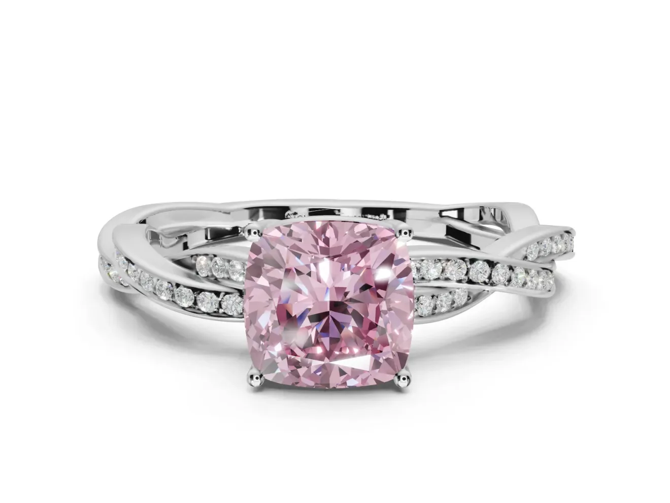 Cushion Cut Twisted Pavé Solitaire Engagement Ring Setting for a Fancy Pink Lab-Grown Diamond | Open Basket | White Gold