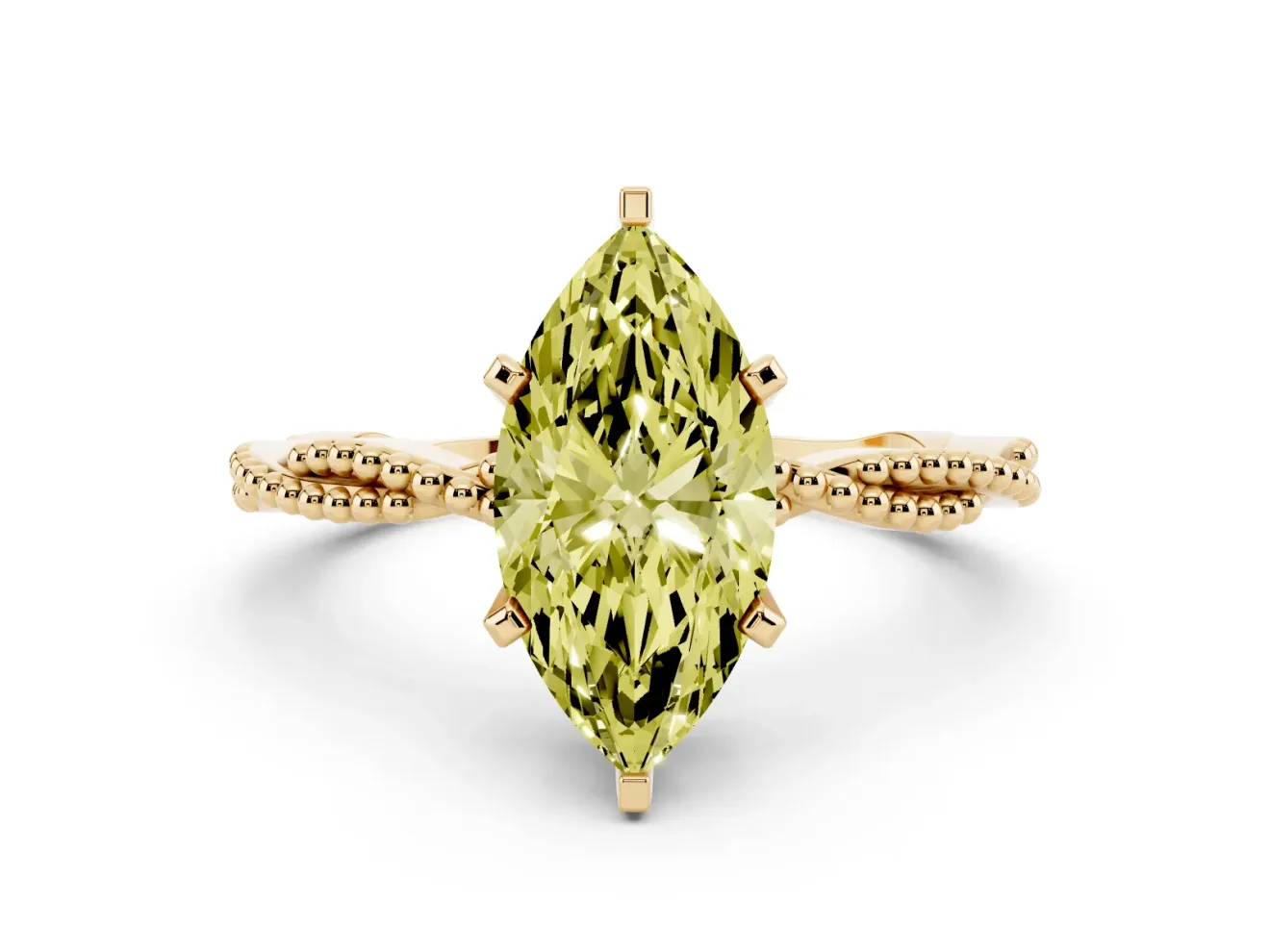 Fancy Yellow Marquise Cut Diamond Solitaire Ring Set in Yellow gold with Twisted Band and Bead Prong Setting
