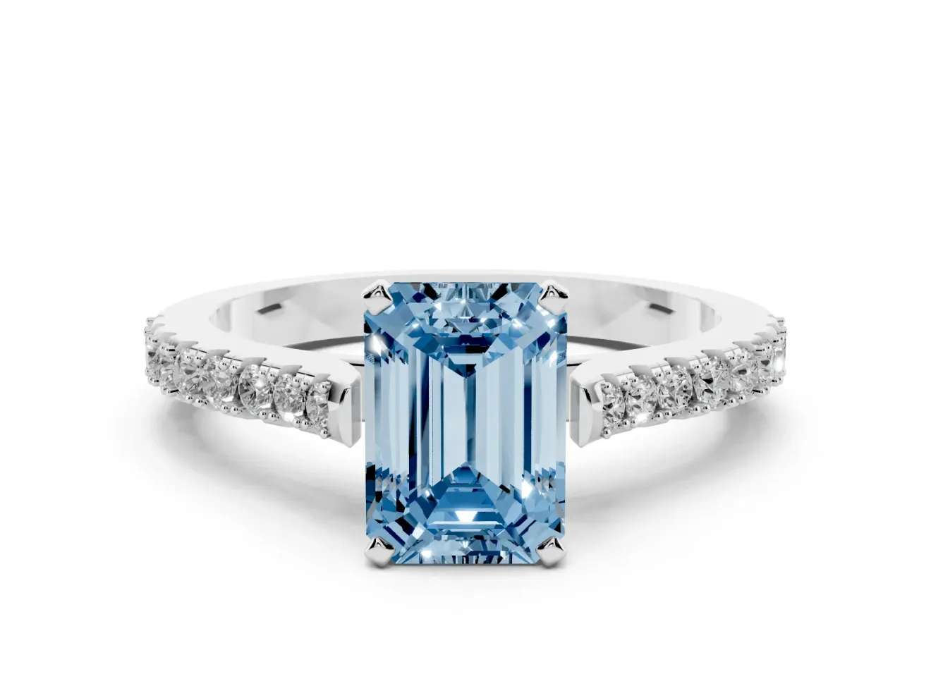 Fancy Blue Emerald Cut Diamond Solitaire Engagement Ring Set in White gold with Delicate Pavé Band and Prong Setting