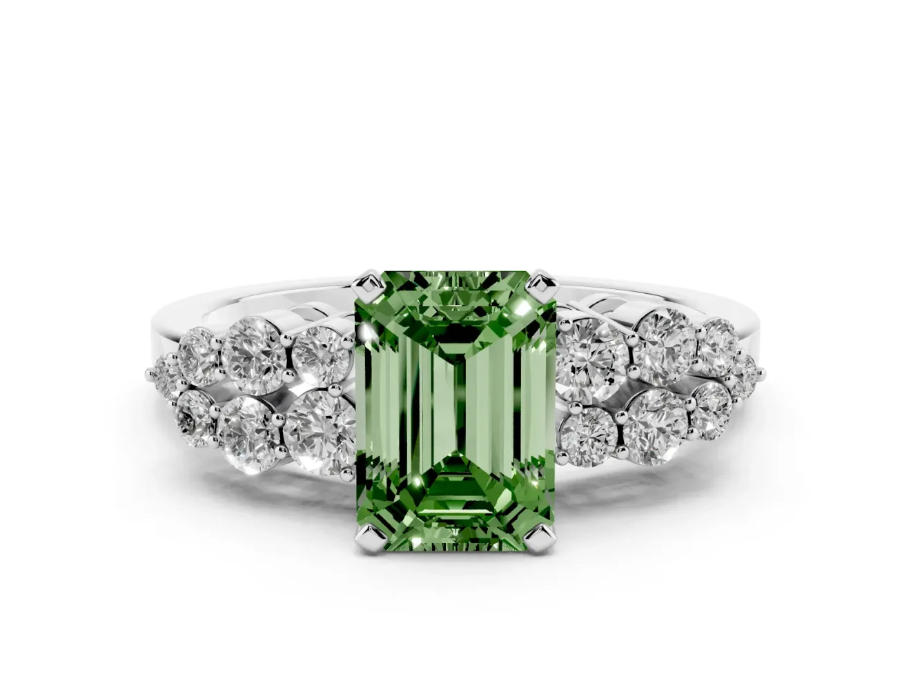 Fancy Green Emerald Cut Diamond Cluster Engagement Ring Set in Platinum with Pavé Band and Prong Setting