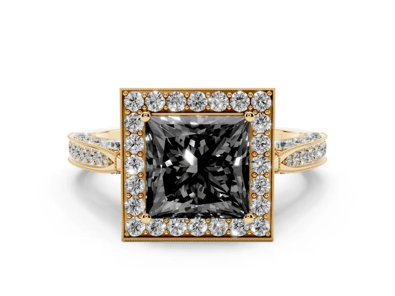 Princess Cut Milgrain Halo Engagement Ring Setting for a Black Center | Side Stones | Yellow Gold